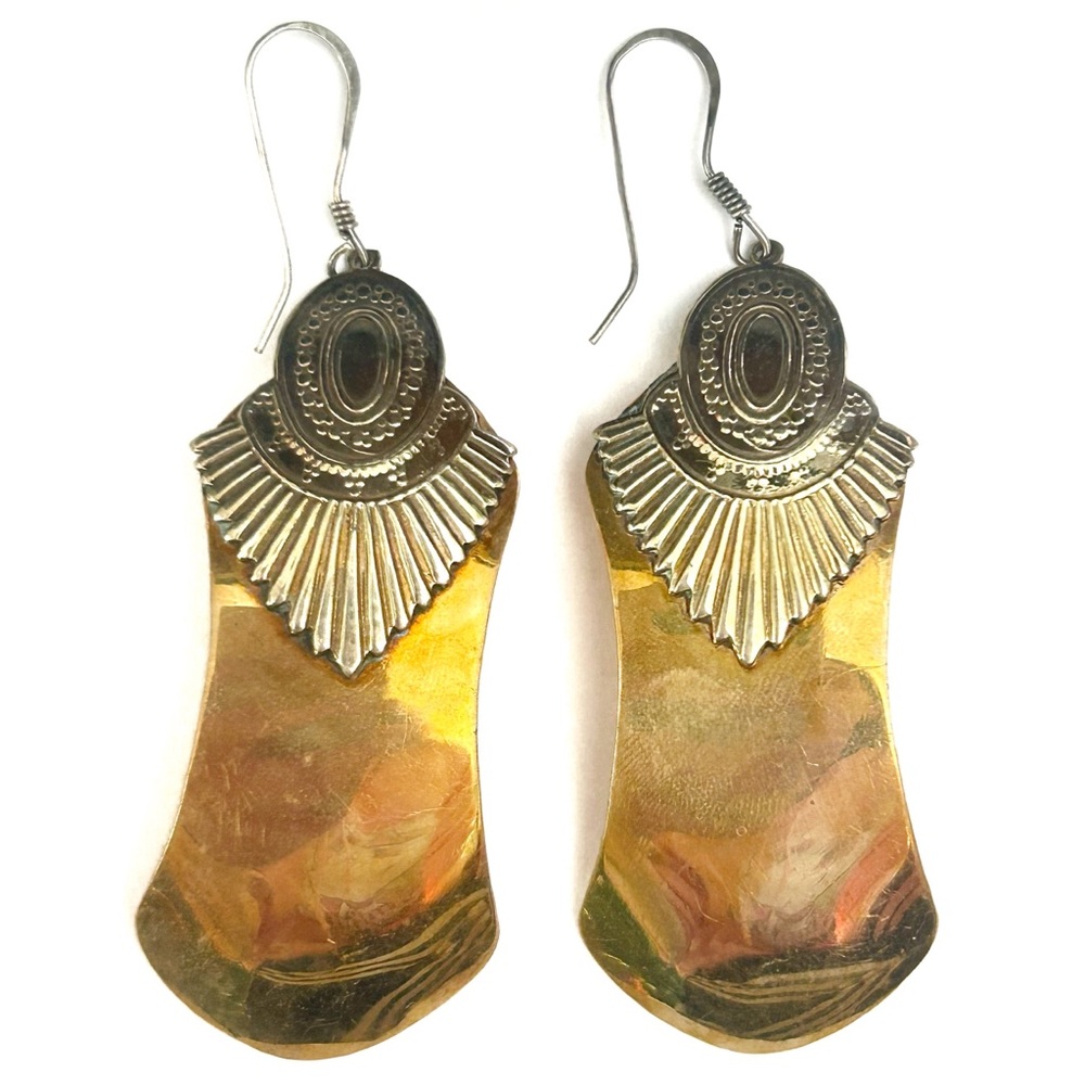 Vintage Hecho En Mexico Gold Silver Tone Statement Earrings Dangle Signed Egypt